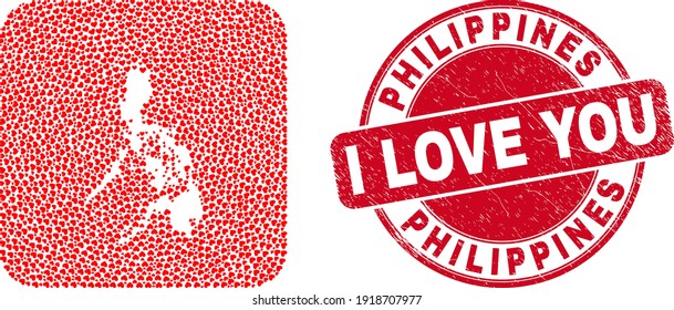 Vector mosaic Philippines map of love heart items and grunge love stamp. Mosaic geographic Philippines map designed as carved shape from rounded square using valentine hearts.