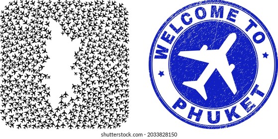 Vektormosaik Phuket Karte von Luftfahrzeugen und Grunge Begrüßungssiegel. Mosaik geographische Phuket-Karte, die als Schablone aus abgerundeter quadratischer Form mit Lufttransport gebaut wurde.