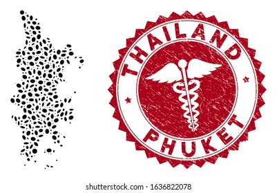 Vector mosaic Phuket map and red rounded corroded stamp seal with medic sign. Phuket map collage composed with oval spots. Red rounded medic stamp, with dirty texture.
