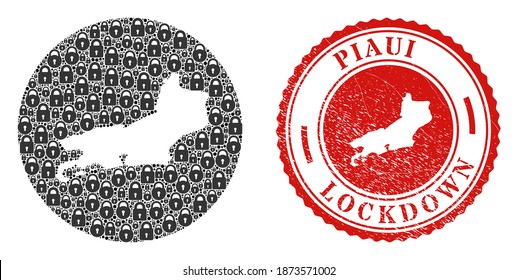 Vector mosaic Piaui State map of locks and grunge LOCKDOWN seal. Mosaic geographic Piaui State map created as carved shape from round shape with black locks.