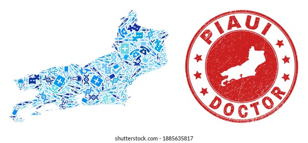Vector mosaic Piaui State map with injection icons, receipt symbols, and grunge healthcare seal stamp. Red round seal with corroded rubber texture and Piaui State map word and map.