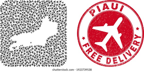 Vector mosaic Piaui State map of airplane elements and grunge Free Delivery badge. Mosaic geographic Piaui State map designed as carved shape from rounded square shape with shipping airliners.