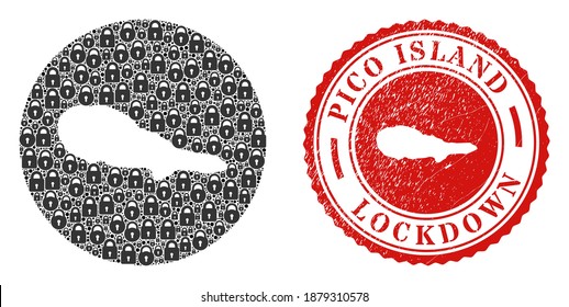 Vector mosaic Pico Island map of locks and grunge LOCKDOWN seal stamp. Mosaic geographic Pico Island map designed as hole from round shape with black locks.