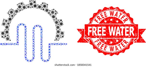 Vektormosaik Rohrservice-Getriebe des SARS-Virus, und Free Water schmutzige Bandstempel. Viruszellen in der Zusammensetzung der Rohrleitungen. Rote Stempelrobbe hat eine Free Water-Beschriftung im Band.