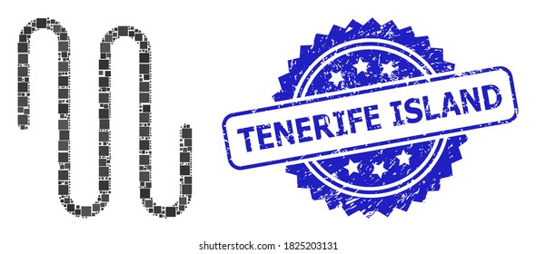 Vector mosaic pipe, and Tenerife Island corroded rosette stamp seal. Blue stamp seal includes Tenerife Island caption inside rosette. Square elements are united into abstract collage pipe icon.