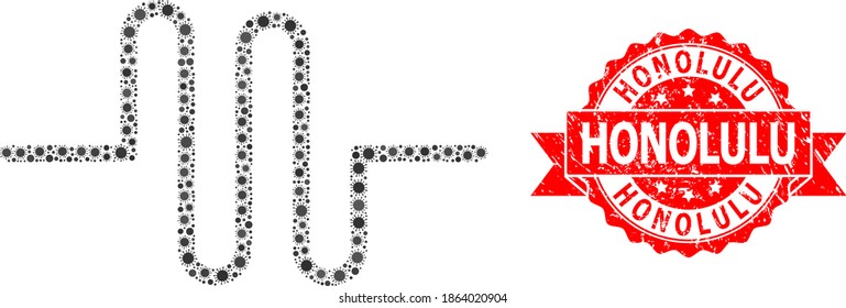 Vector mosaic pipeline of corona virus, and Honolulu dirty ribbon seal imitation. Virus items inside pipeline mosaic. Red stamp seal has Honolulu text inside ribbon.