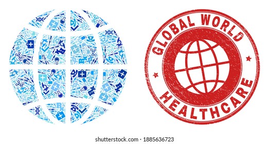 Vector mosaic planet globe with healthcare icons, test symbols, and grunge doctor imprint. Red round imprint with grunge rubber texture and planet globe tag and map.