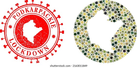 Vector mosaic Podkarpackie Voivodeship map of SARS virus items and grunge LOCKDOWN badge.