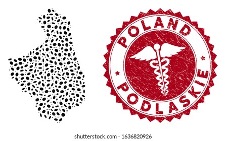 Vector mosaic Podlaskie Voivodeship map and red round corroded stamp seal with serpents icon. Podlaskie Voivodeship map collage constructed with elliptic elements. Red round serpents seal stamp,
