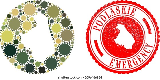 Mosaico vectorial Podlaskie Mapa de Voivodeship de los ítems de brotes de virus y sello de sellado de EMERGENCIA de grano.