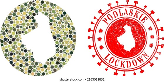 Vector mosaic Podlaskie Voivodeship map of flu virus items and grunge LOCKDOWN stamp.