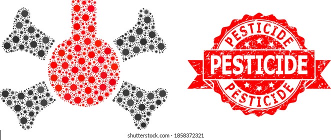 Matraz de veneno de mosaico vectorial del virus covid-2019 y sello de cinta corroída por pesticida. Celdas de virus dentro del collage de frascos de veneno. El sello rojo incluye la leyenda del pesticida dentro de la cinta.