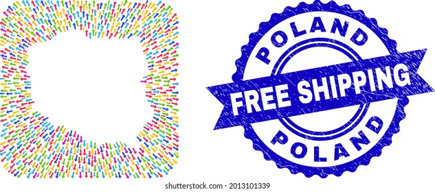 Vector mosaic Poland map of direction arrows and rubber Free Shipping seal stamp. Collage Poland map designed as carved shape from rounded square shape with abandon arrows.