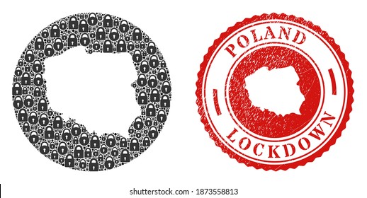 Vector mosaic Poland map of locks and grunge LOCKDOWN seal. Mosaic geographic Poland map designed as carved shape from round shape with black locks.