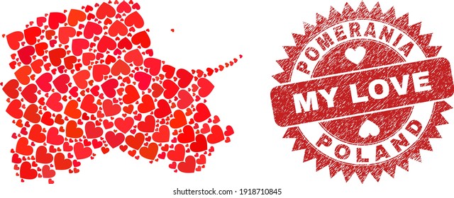 Vector mosaic Pomeranian Voivodeship map of love heart items and grunge My Love stamp. Mosaic geographic Pomeranian Voivodeship map constructed with love hearts.