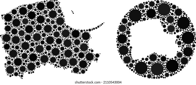 Mosaico vectorial Mapa de voivodeship de Pomerania de iconos de virus. Mapa de voivodía pomeraniano geográfico mosaico creado como hueco de forma redonda con íconos del virus de la gripe en tonos de color negro.