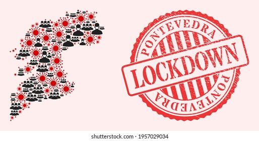 Vector mosaic Pontevedra Province map of corona virus, masked men and red grunge lockdown stamp. Virus particles and men in masks inside Pontevedra Province map.