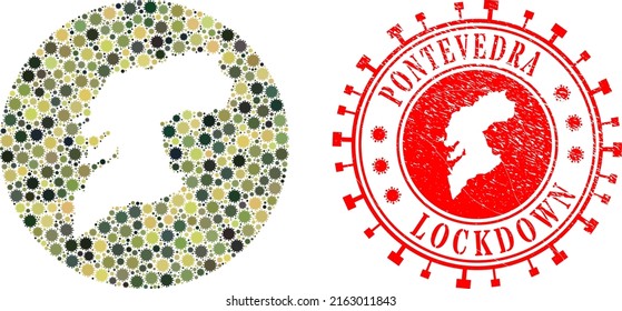 Vector mosaic Pontevedra Province map of coronavirus elements and grunge LOCKDOWN seal stamp.