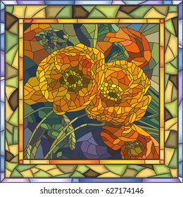 Vector mosaic of poppy flowers in square stained-glass window frame.