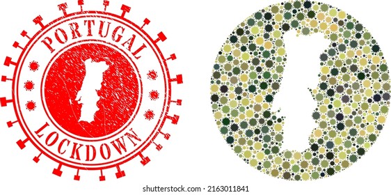 Vector mosaic Portugal map of coronavirus items and grunge LOCKDOWN stamp. Mosaic geographic Portugal map created as carved shape from circle with virus items in khaki army colors.
