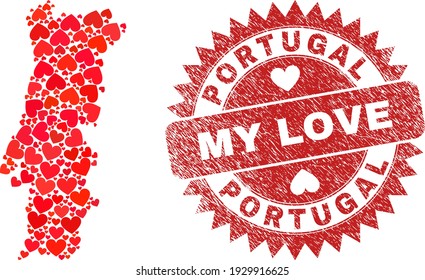 Mosaico vectorial Portugal mapa de los ítems del corazón de amor y estampado de My Love. Mapa geográfico mosaico de Portugal creado con encantadores corazones. Banda roja de rosette con textura de hule grunge y mi leyenda de amor.