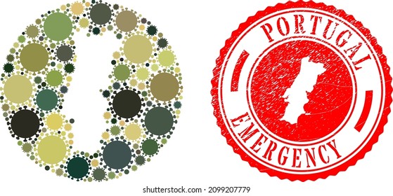Vector mosaic Portugal map of virus outbreak elements and grunge EMERGENCY seal stamp.