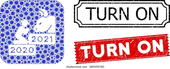 Vector mosaic pray golden bull year and grunge Turn On seal stamps. Mosaic pray golden bull year designed as carved shape from rounded square with blue coronavirus items.