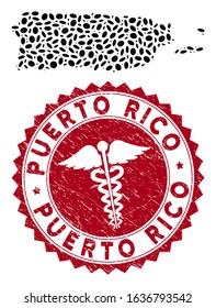 Vector mosaic Puerto Rico map and red round corroded stamp seal with caduceus sign. Puerto Rico map collage created with oval items. Red round caduceus seal stamp, with scratched texture.