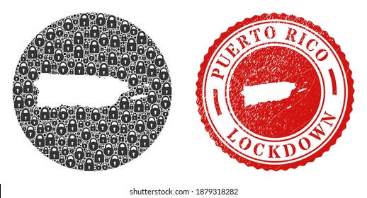 Vector mosaic Puerto Rico map of locks and grunge LOCKDOWN seal stamp. Mosaic geographic Puerto Rico map constructed as subtraction from round shape with black locks.