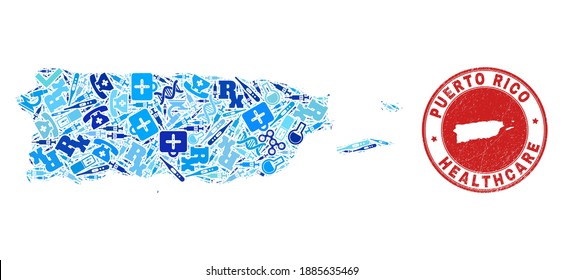 Vector mosaic Puerto Rico map with healthcare icons, analysis symbols, and grunge doctor stamp. Red round stamp with unclean rubber texture and Puerto Rico map caption and map.