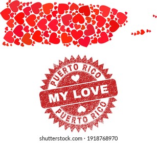 Vector mosaic Puerto Rico map of valentine heart items and grunge My Love seal. Mosaic geographic Puerto Rico map created with valentine hearts.