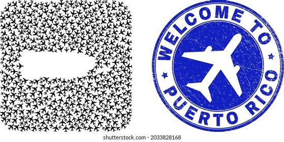 Vector mosaic Puerto Rico map of tourism items and grunge Welcome badge. Mosaic geographic Puerto Rico map constructed as stencil from rounded square shape with air planes.