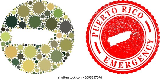 Mapa de mosaico vectorial de Puerto Rico de elementos del virus de la gripe y sello de EMERGENCIA grunge. Mapa geográfico mosaico de Puerto Rico construido como un agujero de un círculo con elementos del virus en colores del ejército de camo.