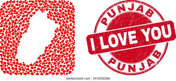 Vector mosaic Punjab Province map of valentine heart elements and grunge love seal stamp.