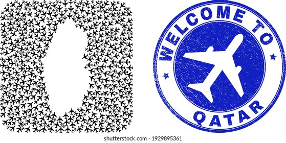 Vector mosaic Qatar map of airline items and grunge Welcome seal. Mosaic geographic Qatar map constructed as carved shape from rounded square shape with air tourism.