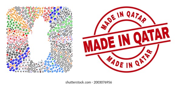 Vector mosaic Qatar map of different symbols and Made in Qatar badge. Mosaic Qatar map designed as subtraction from rounded square. Red round badge with Made in Qatar tag.