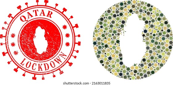 Vektormosaik Katar Karte der viralen Symbole und grunge LOCKDOWN Stempel. Mosaik geographische Katar-Karte, konstruiert als geschnitzte Form aus runden Formen mit covid-2019 Symbole in Camo-Militärfarben.