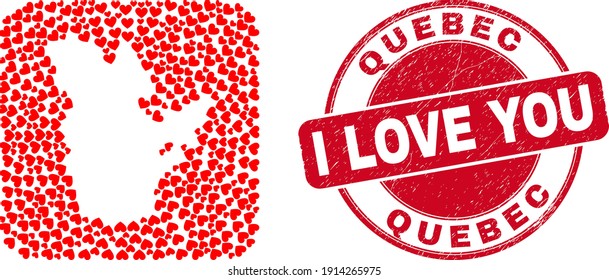 Vector mosaic Quebec Province map of lovely heart items and grunge love seal stamp. Mosaic geographic Quebec Province map designed as stencil from rounded square using valentine hearts.