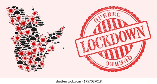 Vector mosaic Quebec Province map of corona virus, masked men and red grunge lockdown seal stamp. Virus particles and men in masks inside Quebec Province map.