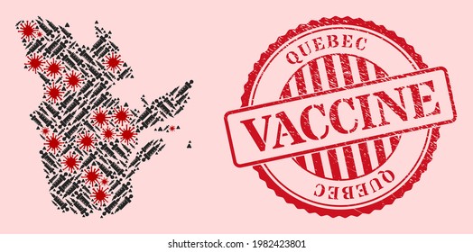 Mapa de mosaico vectorial de la provincia de Quebec del virus covid-2019, iconos de vacunación y sello de sello de vacunación de grunge rojo. Células de virus y agujas de vacunación dentro del mapa de la provincia de Quebec.