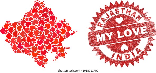 Mosaico vectorial del mapa estatal de Rajasthan de los ítems del corazón de amor y estampado del sello de mi amor. Mapa geográfico collage del estado de Rajastán diseñado con corazones de amor.