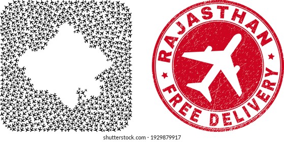 Vector mosaic Rajasthan State map of airplane elements and grunge Free Delivery badge.