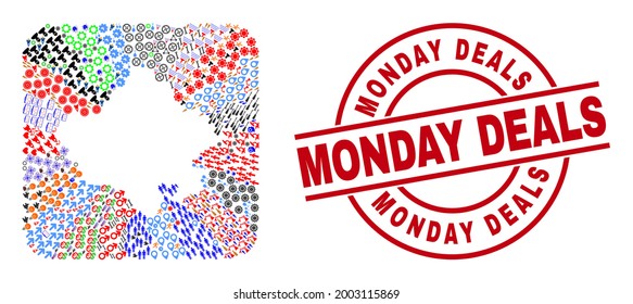 Vector mosaic Rajasthan State map of different icons and Monday Deals seal stamp. Mosaic Rajasthan State map created as hole from rounded square. Red round seal with Monday Deals tag.