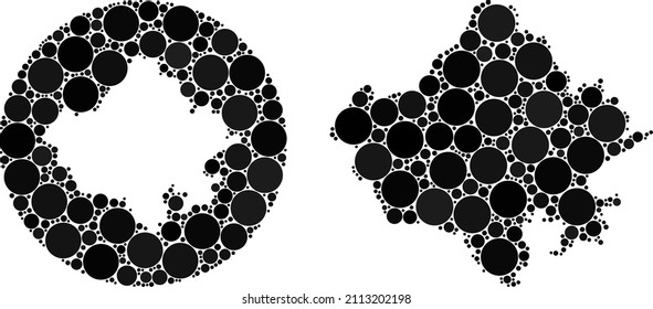 Vector mosaic Rajasthan State map of round parts. Mosaic geographic Rajasthan State map is created as carved shape from circle with round parts in black colors. Dot vector mosaic Rajasthan State map.
