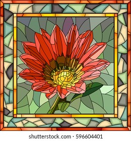 Vector mosaic of red Gazania in square stained-glass window frame.