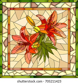 Vector mosaic of red lilies with buds on yellow in square stained-glass window frame.