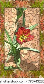 Vector mosaic with red tulip in vertical stained-glass window frame.