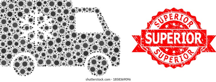 Vector mosaic refrigerator car of virus, and Superior corroded ribbon seal. Virus items inside refrigerator car mosaic. Red seal includes Superior caption inside ribbon.