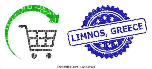 Vector mosaic repeat shopping cart, and Limnos, Greece corroded rosette seal imitation. Blue stamp seal includes Limnos, Greece tag inside rosette.