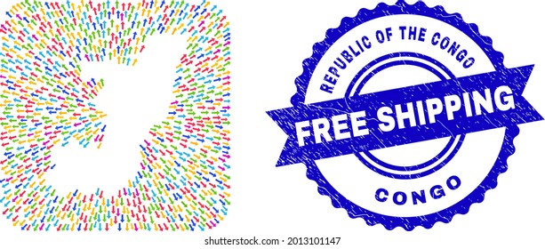 Vector mosaic Republic of the Congo map of leaving arrows and rubber Free Shipping badge. Collage Republic of the Congo map designed as carved shape from rounded square shape with straight arrows.